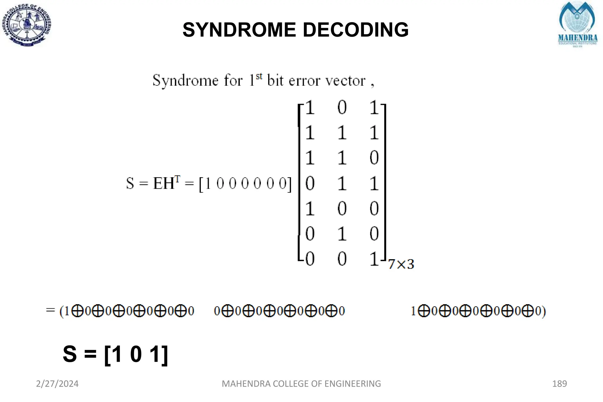 SYNDROME DECODING
2/27/2024 MAHENDRA COLLEGE OF ENGINEERING 189
S = [1 0 1]
 