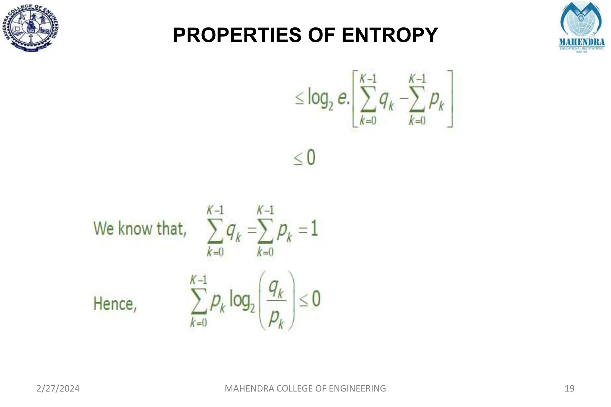 PROPERTIES OF ENTROPY
2/27/2024 MAHENDRA COLLEGE OF ENGINEERING 19
 