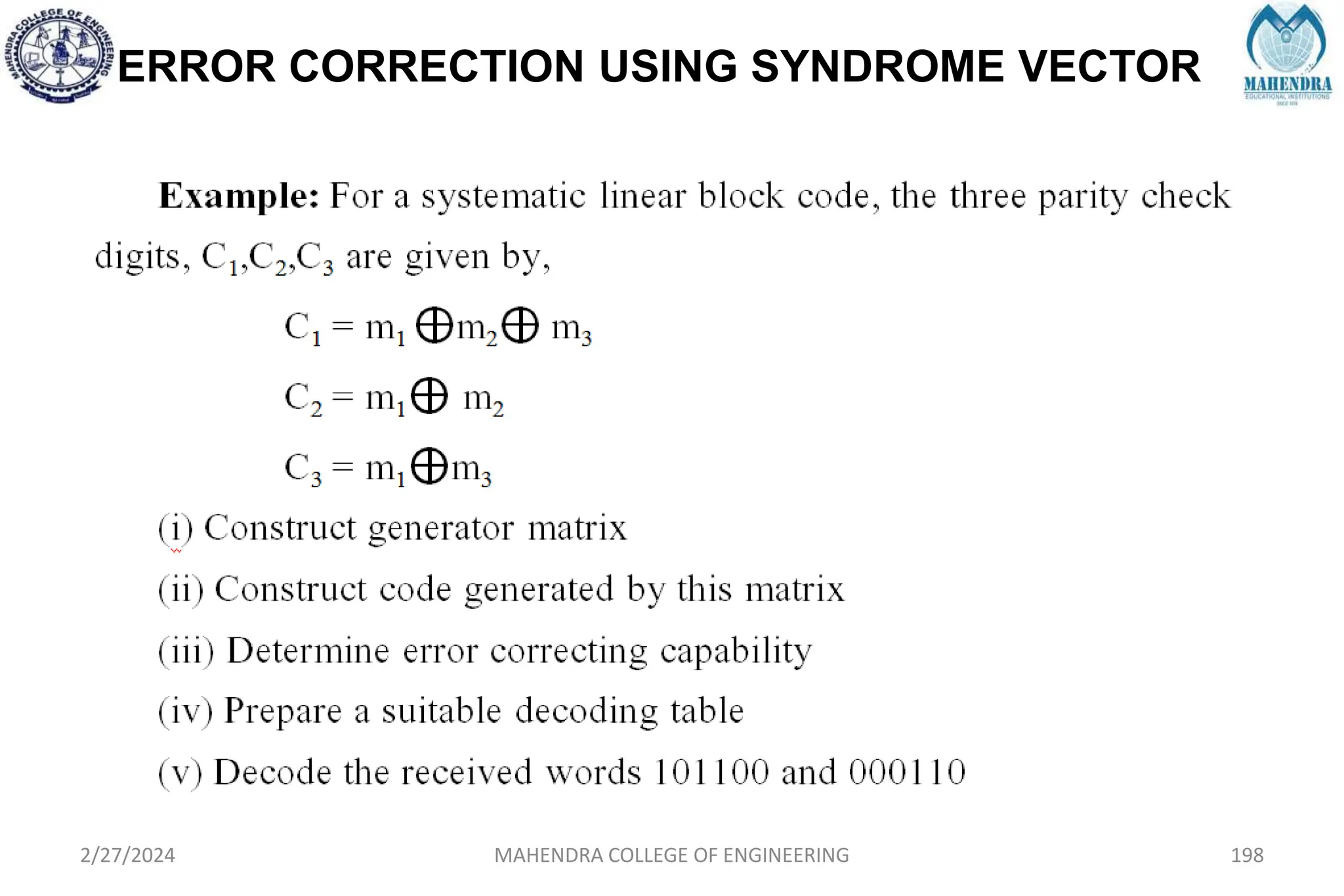 ERROR CORRECTION USING SYNDROME VECTOR
2/27/2024 MAHENDRA COLLEGE OF ENGINEERING 198
 