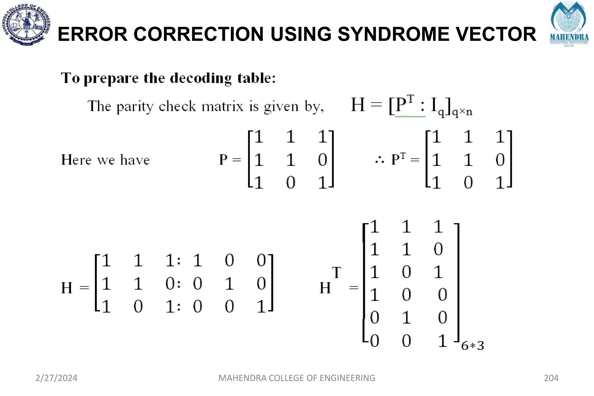 ERROR CORRECTION USING SYNDROME VECTOR
2/27/2024 MAHENDRA COLLEGE OF ENGINEERING 204
 