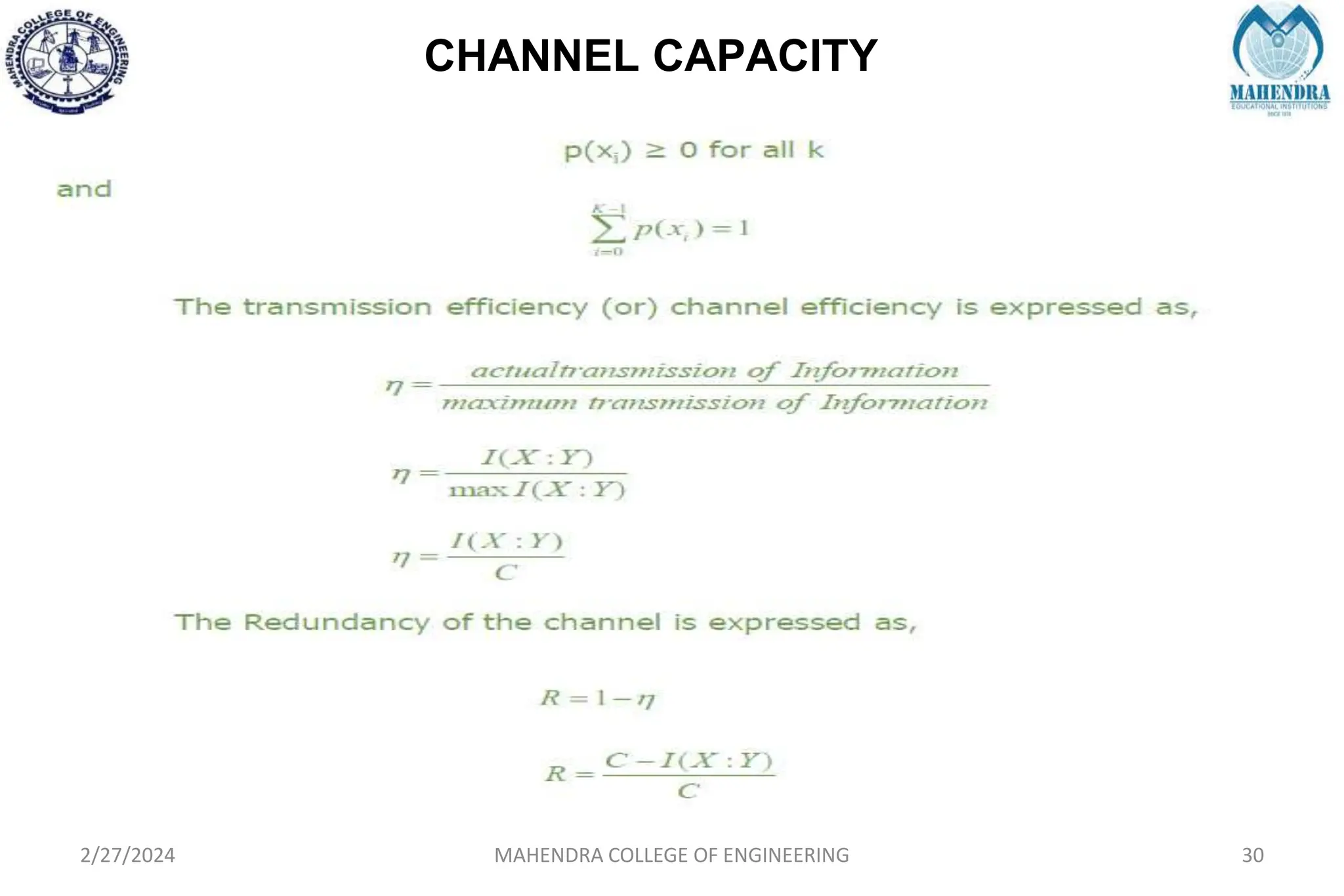 CHANNEL CAPACITY
2/27/2024 MAHENDRA COLLEGE OF ENGINEERING 30
 