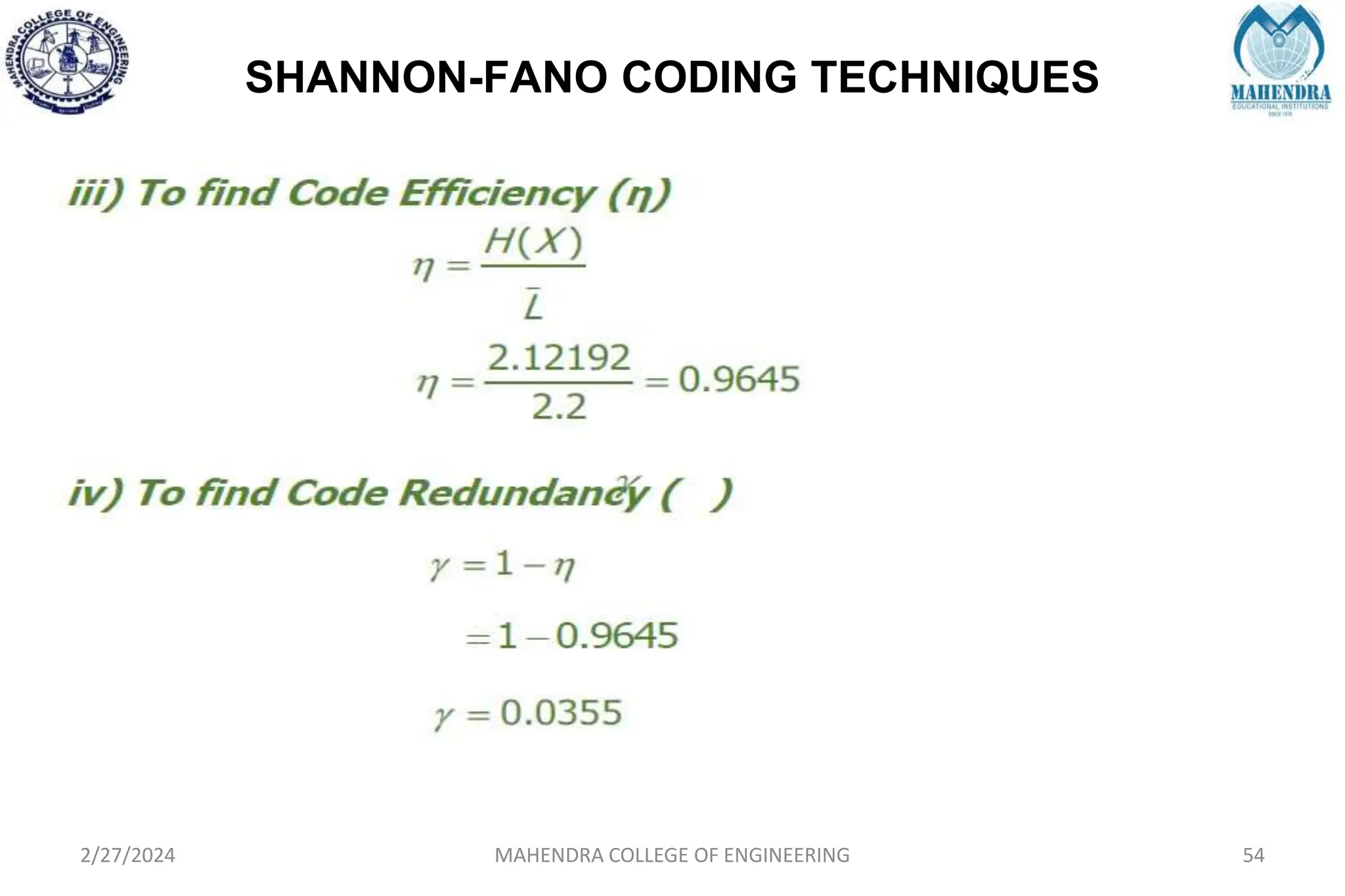SHANNON-FANO CODING TECHNIQUES
2/27/2024 MAHENDRA COLLEGE OF ENGINEERING 54
 
