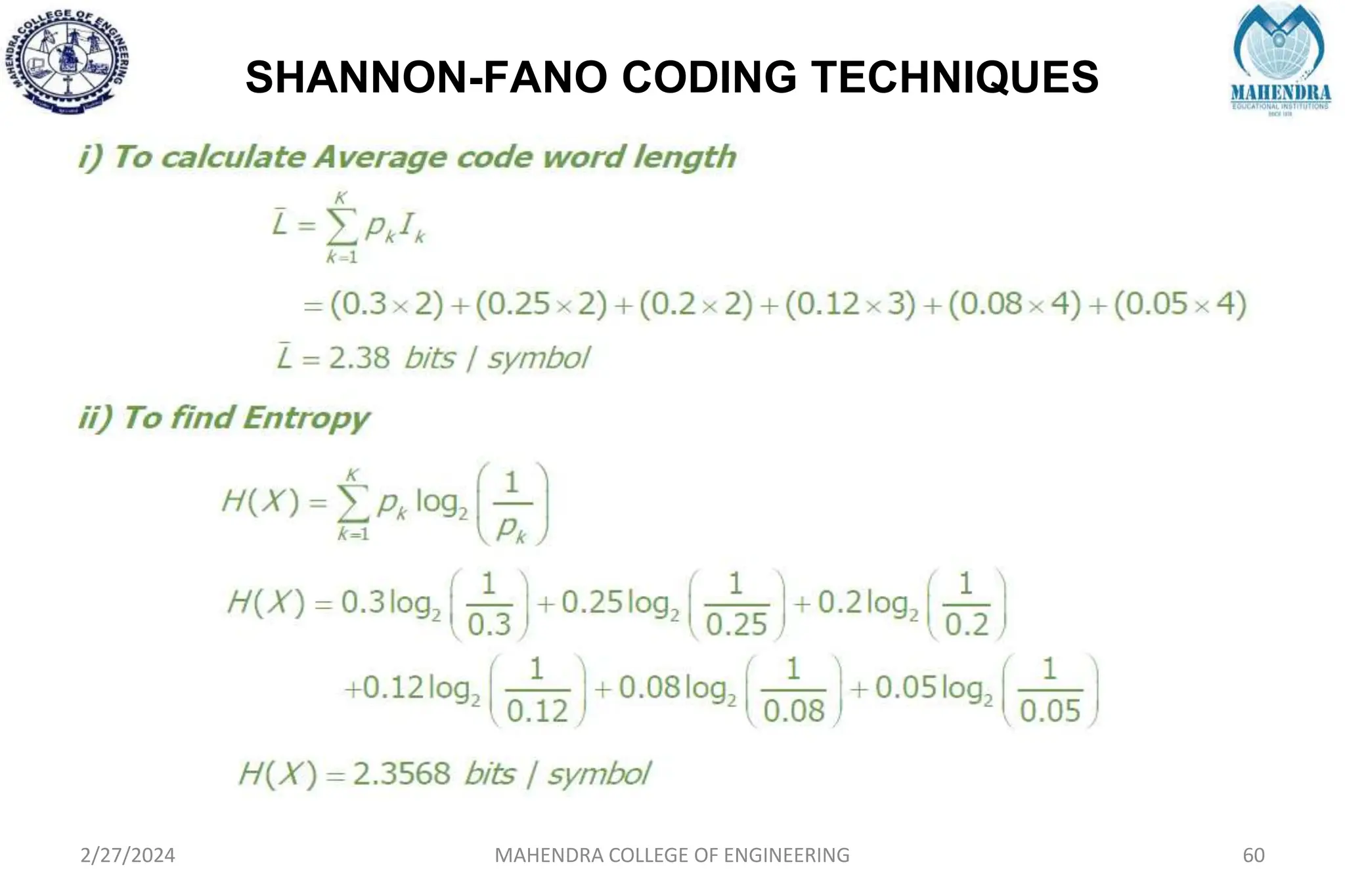 SHANNON-FANO CODING TECHNIQUES
2/27/2024 MAHENDRA COLLEGE OF ENGINEERING 60
 