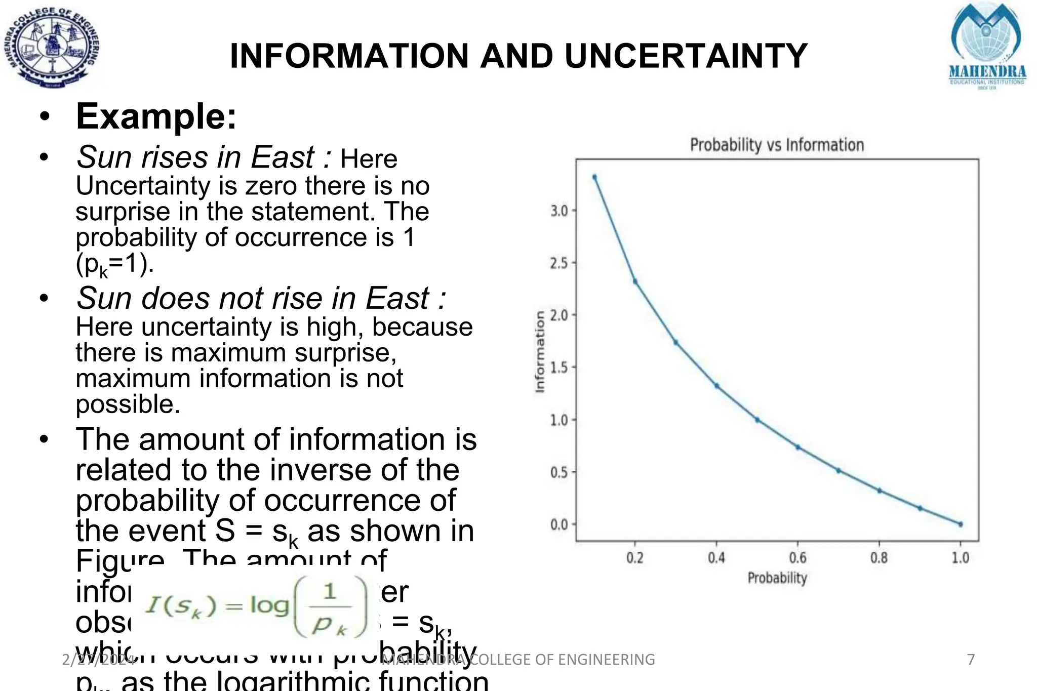 INFORMATION AND UNCERTAINTY
• Example:
• Sun rises in East : Here
Uncertainty is zero there is no
surprise in the statement. The
probability of occurrence is 1
(pk=1).
• Sun does not rise in East :
Here uncertainty is high, because
there is maximum surprise,
maximum information is not
possible.
• The amount of information is
related to the inverse of the
probability of occurrence of
the event S = sk as shown in
Figure. The amount of
information gained after
observing the event S = sk,
which occurs with probability
2/27/2024 MAHENDRA COLLEGE OF ENGINEERING 7
 