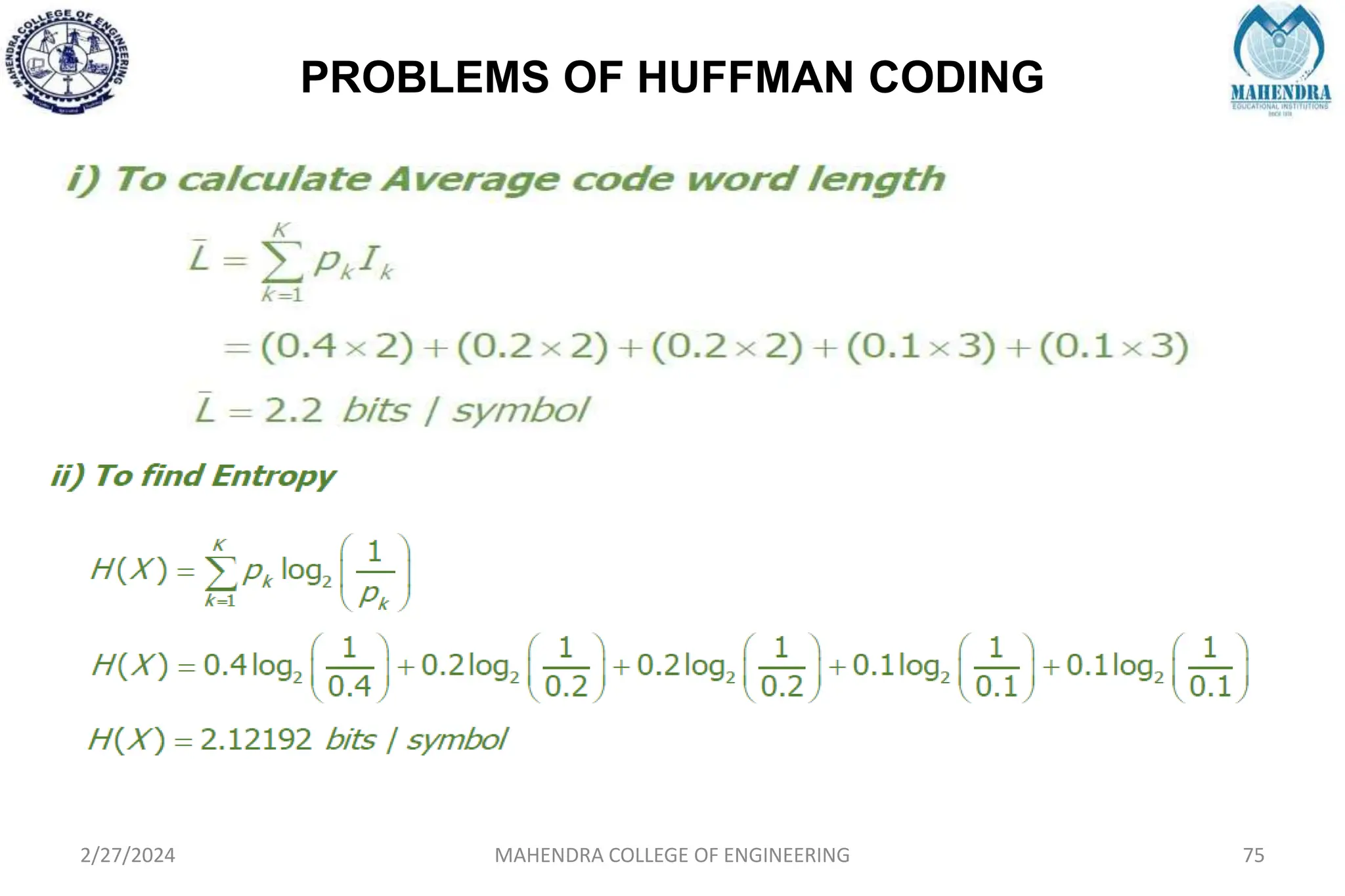 PROBLEMS OF HUFFMAN CODING
2/27/2024 MAHENDRA COLLEGE OF ENGINEERING 75
 