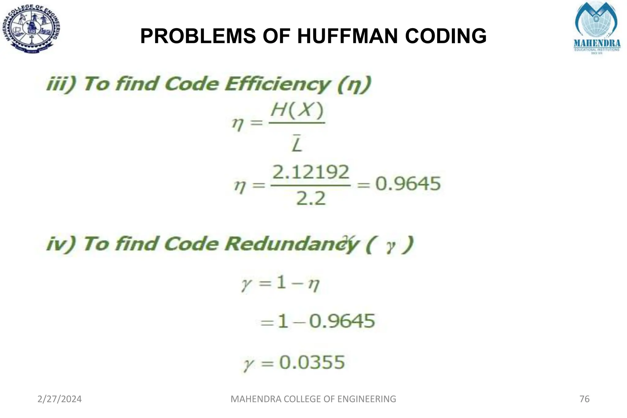 PROBLEMS OF HUFFMAN CODING
2/27/2024 MAHENDRA COLLEGE OF ENGINEERING 76
 