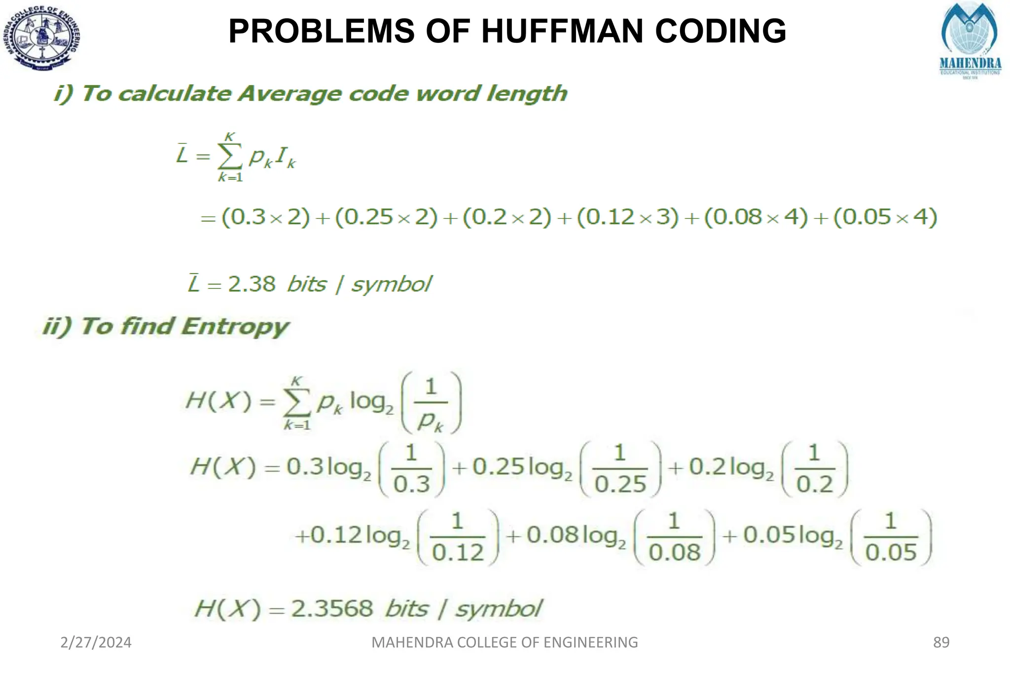 PROBLEMS OF HUFFMAN CODING
2/27/2024 MAHENDRA COLLEGE OF ENGINEERING 89
 