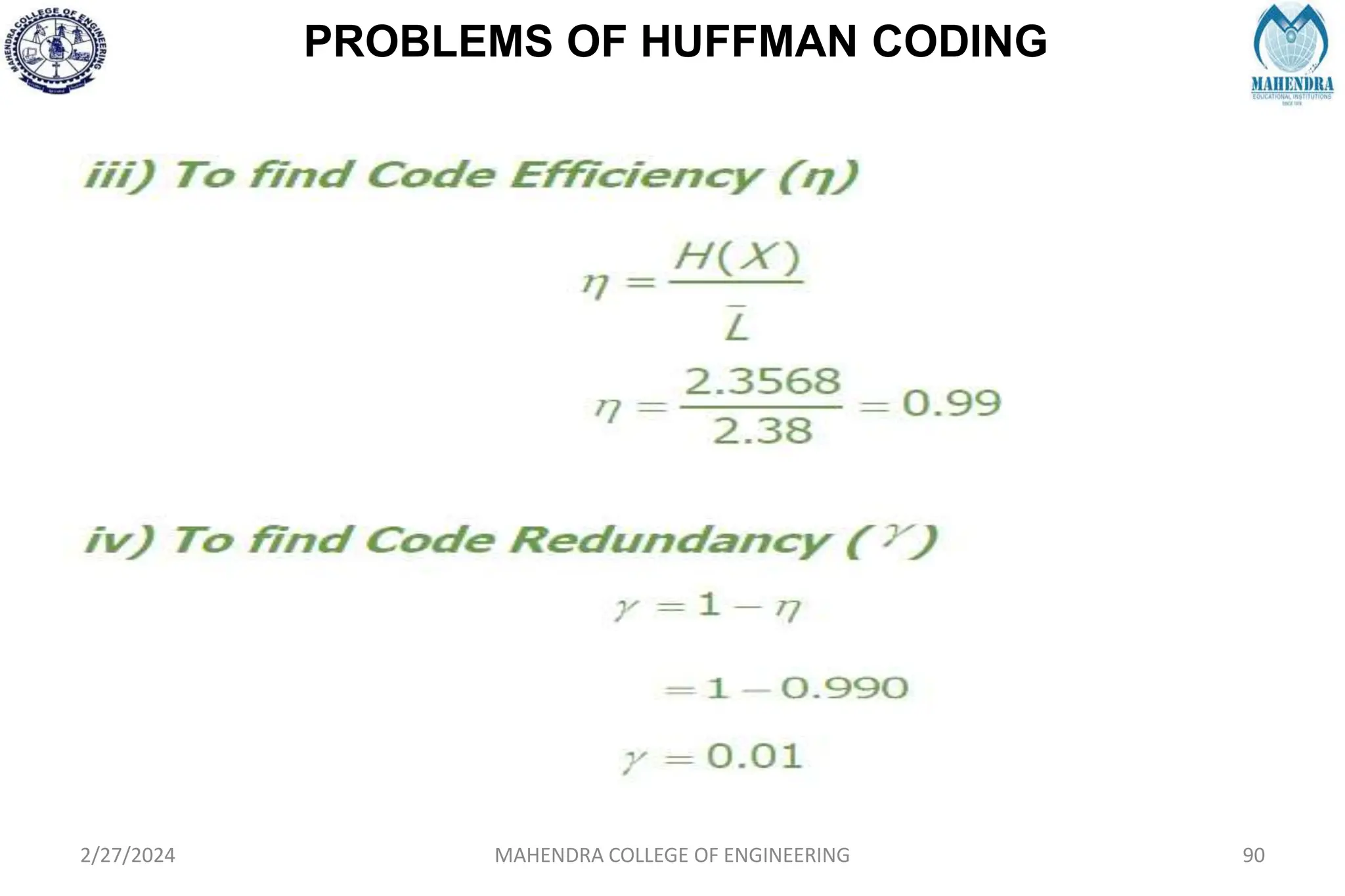 PROBLEMS OF HUFFMAN CODING
2/27/2024 MAHENDRA COLLEGE OF ENGINEERING 90
 
