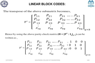 LINEAR BLOCK CODES:
2/27/2024 MAHENDRA COLLEGE OF ENGINEERING 144
 