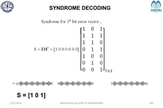 SYNDROME DECODING
2/27/2024 MAHENDRA COLLEGE OF ENGINEERING 189
S = [1 0 1]
 