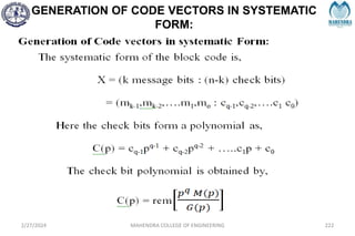 GENERATION OF CODE VECTORS IN SYSTEMATIC
FORM:
2/27/2024 MAHENDRA COLLEGE OF ENGINEERING 222
 