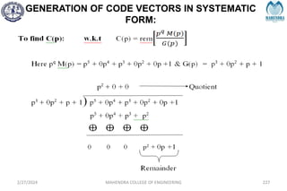 GENERATION OF CODE VECTORS IN SYSTEMATIC
FORM:
2/27/2024 MAHENDRA COLLEGE OF ENGINEERING 227
 