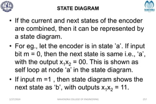 STATE DIAGRAM
2/27/2024 MAHENDRA COLLEGE OF ENGINEERING 257
• If the current and next states of the encoder
are combined, then it can be represented by
a state diagram.
• For eg., let the encoder is in state ’a’. If input
bit m = 0, then the next state is same i.e., ‘a’,
with the output x1x2 = 00. This is shown as
self loop at node ‘a’ in the state diagram.
• If input m =1 , then state diagram shows the
next state as ‘b’, with outputs x1x2 = 11.
 