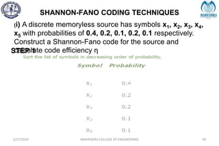 SHANNON-FANO CODING TECHNIQUES
2/27/2024 MAHENDRA COLLEGE OF ENGINEERING 49
STEP 1
(i) A discrete memoryless source has symbols x1, x2, x3, x4,
x5 with probabilities of 0.4, 0.2, 0.1, 0.2, 0.1 respectively.
Construct a Shannon-Fano code for the source and
calculate code efficiency η
 