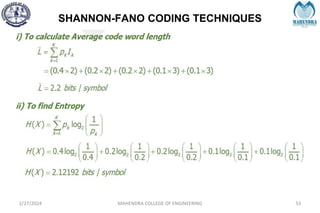 SHANNON-FANO CODING TECHNIQUES
2/27/2024 MAHENDRA COLLEGE OF ENGINEERING 53
 