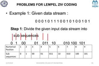 PROBLEMS FOR LEMPEL ZIV CODING
2/27/2024 MAHENDRA COLLEGE OF ENGINEERING 93
• Example 1: Given data stream :
0 0 0 1 0 1 1 1 0 0 1 0 1 0 0 1 0 1
Step 1: Divide the given input data stream into
sub sequences
0 1 00 01 011 10 010 100 101
Numerical
Position
1 2 3 4 5 6 7 8 9
Sub
sequences
0 1 00 01 011 10 010 100 101
 