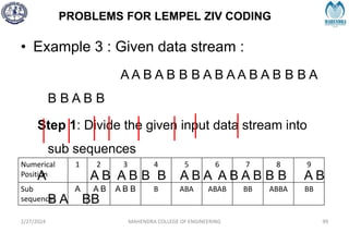 PROBLEMS FOR LEMPEL ZIV CODING
2/27/2024 MAHENDRA COLLEGE OF ENGINEERING 99
• Example 3 : Given data stream :
A A B A B B B A B A A B A B B B A
B B A B B
Step 1: Divide the given input data stream into
sub sequences
A A B A B B B A B A A B A B B B A B
B A BB
Numerical
Position
1 2 3 4 5 6 7 8 9
Sub
sequences
A A B A B B B ABA ABAB BB ABBA BB
 