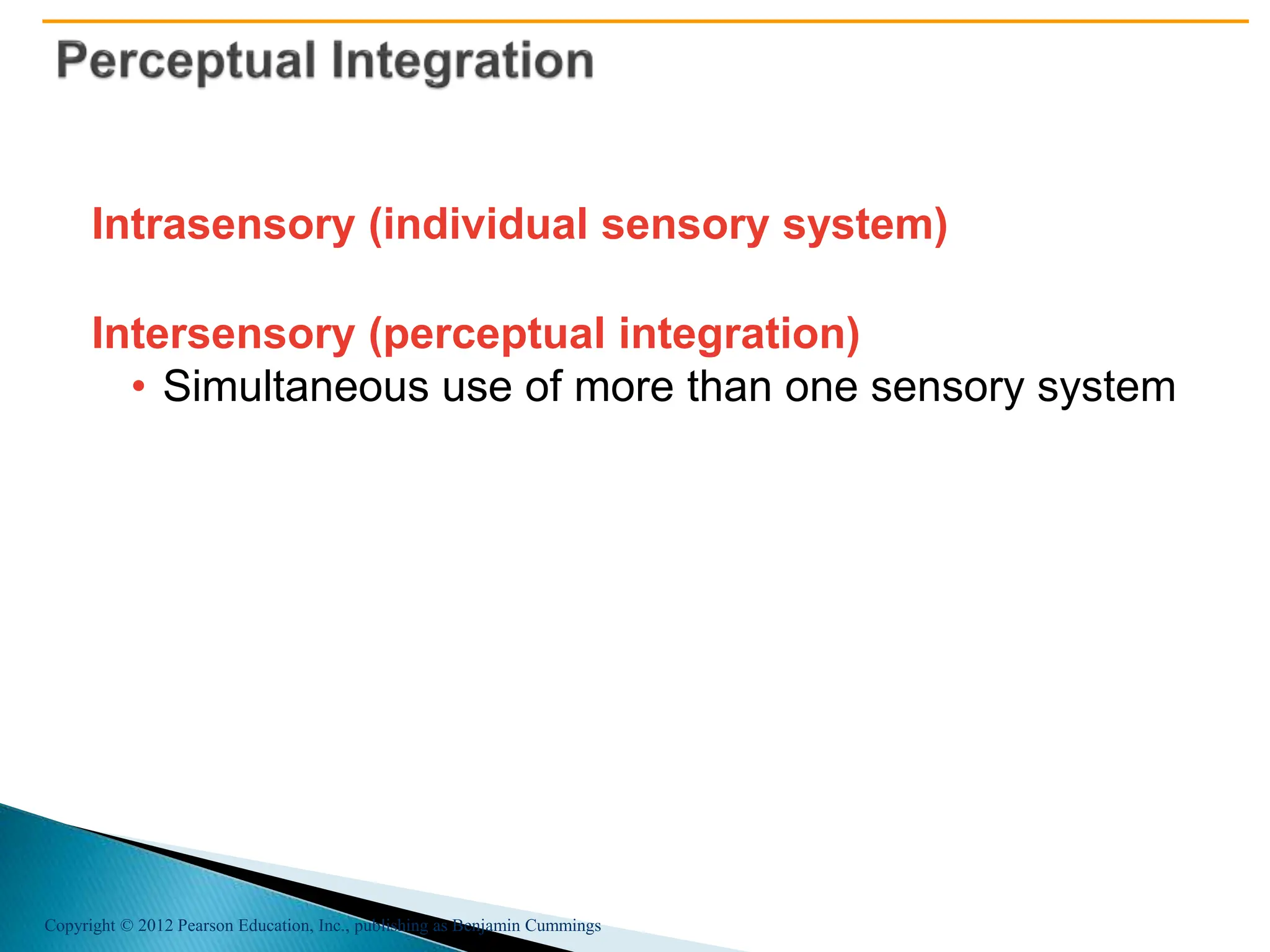 Copyright © 2012 Pearson Education, Inc., publishing as Benjamin Cummings
Intrasensory (individual sensory system)
Intersensory (perceptual integration)
• Simultaneous use of more than one sensory system
 