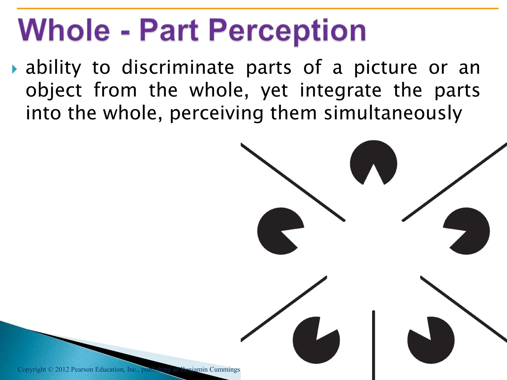 Copyright © 2012 Pearson Education, Inc., publishing as Benjamin Cummings
 ability to discriminate parts of a picture or an
object from the whole, yet integrate the parts
into the whole, perceiving them simultaneously
 