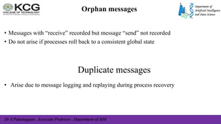 Dr S Palaniappan , Associate Professor , Department of ADS
Orphan messages
• Messages with “receive‟ recorded but message “send‟ not recorded
• Do not arise if processes roll back to a consistent global state
Duplicate messages
• Arise due to message logging and replaying during process recovery
 