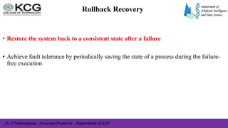 Dr S Palaniappan , Associate Professor , Department of ADS
Rollback Recovery
• Restore the system back to a consistent state after a failure
• Achieve fault tolerance by periodically saving the state of a process during the failure-
free execution
 