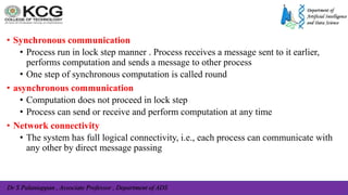 Dr S Palaniappan , Associate Professor , Department of ADS
• Synchronous communication
• Process run in lock step manner . Process receives a message sent to it earlier,
performs computation and sends a message to other process
• One step of synchronous computation is called round
• asynchronous communication
• Computation does not proceed in lock step
• Process can send or receive and perform computation at any time
• Network connectivity
• The system has full logical connectivity, i.e., each process can communicate with
any other by direct message passing
 