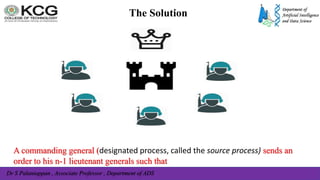 Dr S Palaniappan , Associate Professor , Department of ADS
The Solution
A commanding general (designated process, called the source process) sends an
order to his n-1 lieutenant generals such that
 