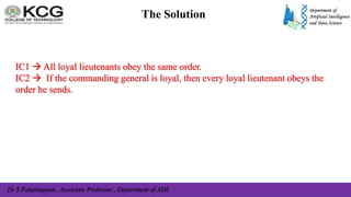 Dr S Palaniappan , Associate Professor , Department of ADS
The Solution
IC1  All loyal lieutenants obey the same order.
IC2  If the commanding general is loyal, then every loyal lieutenant obeys the
order he sends.
 