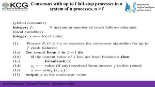 Dr S Palaniappan , Associate Professor , Department of ADS
Consensus with up to f fail-stop processes in a
system of n processes, n > f
 