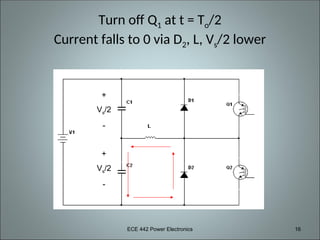 ECE 442 Power Electronics 16
Turn off Q1 at t = To/2
Current falls to 0 via D2, L, Vs/2 lower
+
Vs/2
-
+
Vs/2
-
 