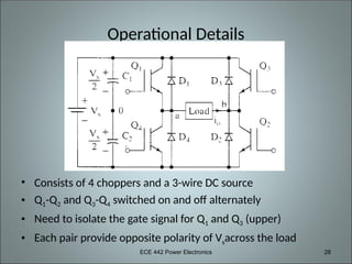 ECE 442 Power Electronics 28
Operational Details
• Consists of 4 choppers and a 3-wire DC source
• Q1-Q2 and Q3-Q4 switched on and off alternately
• Need to isolate the gate signal for Q1 and Q3 (upper)
• Each pair provide opposite polarity of Vsacross the load
 