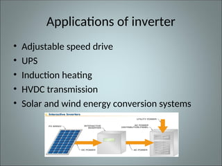 Applications of inverter
• Adjustable speed drive
• UPS
• Induction heating
• HVDC transmission
• Solar and wind energy conversion systems
 