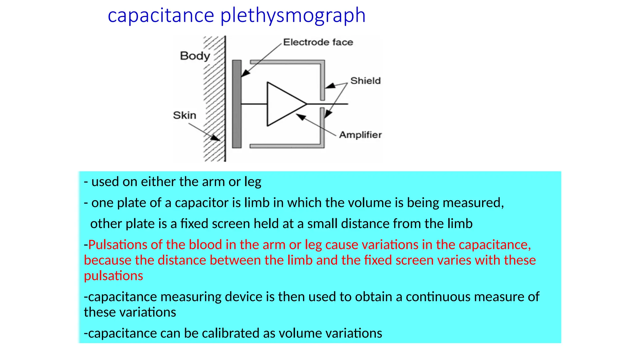 capacitance plethysmograph
- used on either the arm or leg
- one plate of a capacitor is limb in which the volume is being measured,
other plate is a fixed screen held at a small distance from the limb
-Pulsations of the blood in the arm or leg cause variations in the capacitance,
because the distance between the limb and the fixed screen varies with these
pulsations
-capacitance measuring device is then used to obtain a continuous measure of
these variations
-capacitance can be calibrated as volume variations
 