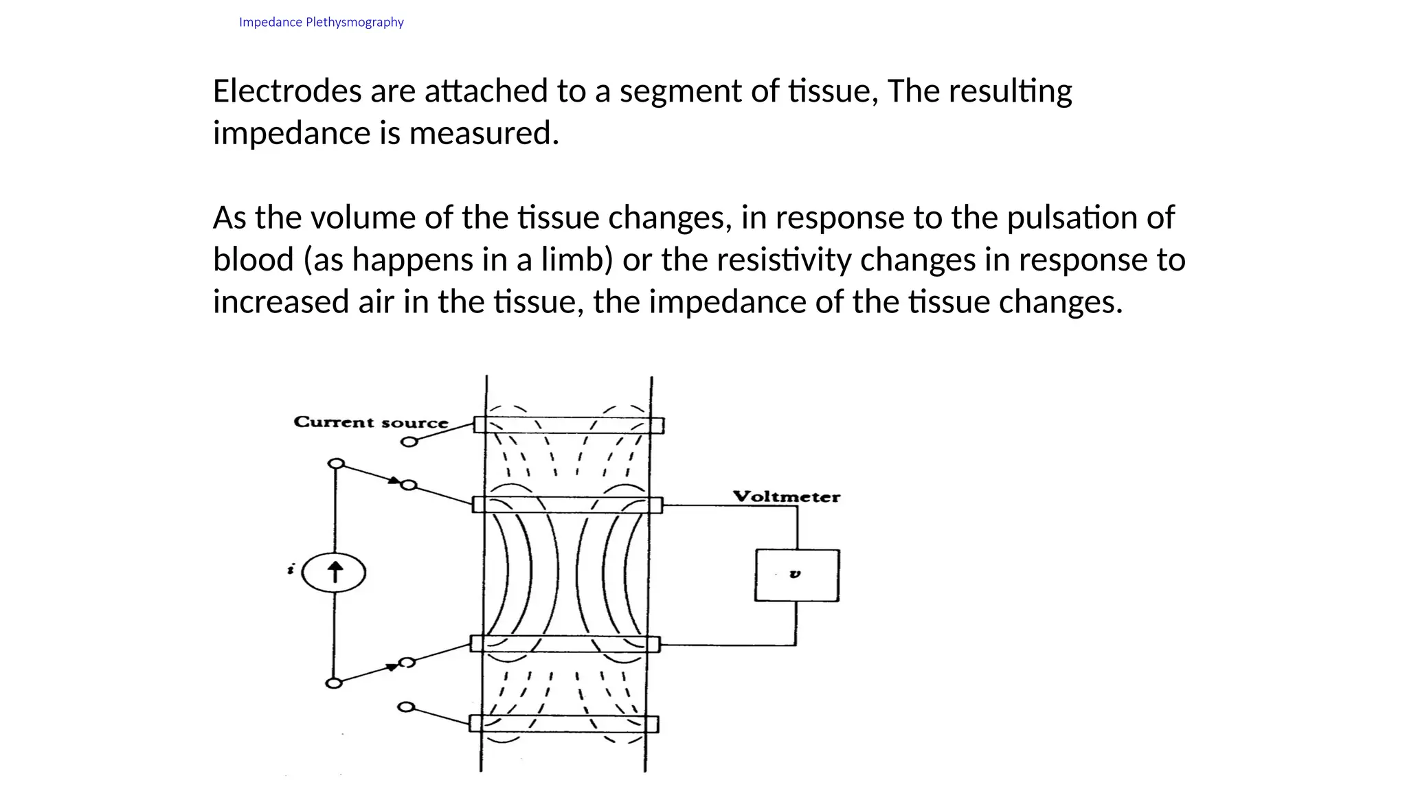 Impedance Plethysmography
Electrodes are attached to a segment of tissue, The resulting
impedance is measured.
As the volume of the tissue changes, in response to the pulsation of
blood (as happens in a limb) or the resistivity changes in response to
increased air in the tissue, the impedance of the tissue changes.
 