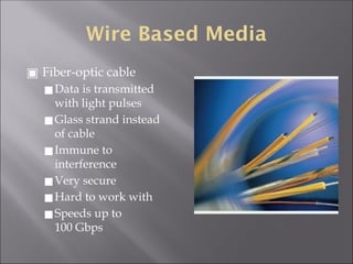 Wire Based Media
▣ Fiber-optic cable
◼Data is transmitted
with light pulses
◼Glass strand instead
of cable
◼Immune to
interference
◼Very secure
◼Hard to work with
◼Speeds up to
100 Gbps
 