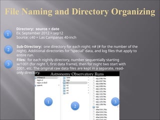 File Naming and Directory Organizing
Astronomy Observatory Runs
Directory: source + date
Ex. September 2012 = sep12
Source: c40 = Las Campanas 40-inch
1
1
Sub-Directory: one directory for each night; n# (# for the number of the
night). Additional directories for “special” data, and log files that apply to
entire run.
2
2
Files: for each nightly directory, number sequentially starting
w/1001 (for night 1, first data frame), then for night two start with
2001, etc. The original raw data files are kept in a separate, read-
only directory.
3
3
 