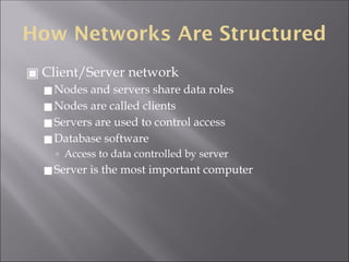 How Networks Are Structured
▣ Client/Server network
◼Nodes and servers share data roles
◼Nodes are called clients
◼Servers are used to control access
◼Database software
🢭 Access to data controlled by server
◼Server is the most important computer
 