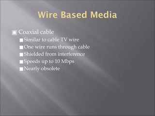 Wire Based Media
▣ Coaxial cable
◼Similar to cable TV wire
◼One wire runs through cable
◼Shielded from interference
◼Speeds up to 10 Mbps
◼Nearly obsolete
 