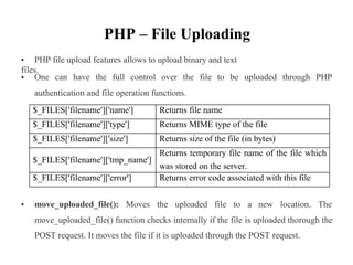 PHP – File Uploading
• PHP file upload features allows to upload binary and text
files.
• One can have the full control over the file to be uploaded through PHP
authentication and file operation functions.
was stored on the server.
• move_uploaded_file(): Moves the uploaded file to a new location. The
move_uploaded_file() function checks internally if the file is uploaded thorough the
POST request. It moves the file if it is uploaded through the POST request.
$_FILES['filename']['name'] Returns file name
$_FILES['filename']['type'] Returns MIME type of the file
$_FILES['filename']['size'] Returns size of the file (in bytes)
$_FILES['filename']['tmp_name']
Returns temporary file name of the file which
$_FILES['filename']['error'] Returns error code associated with this file
 