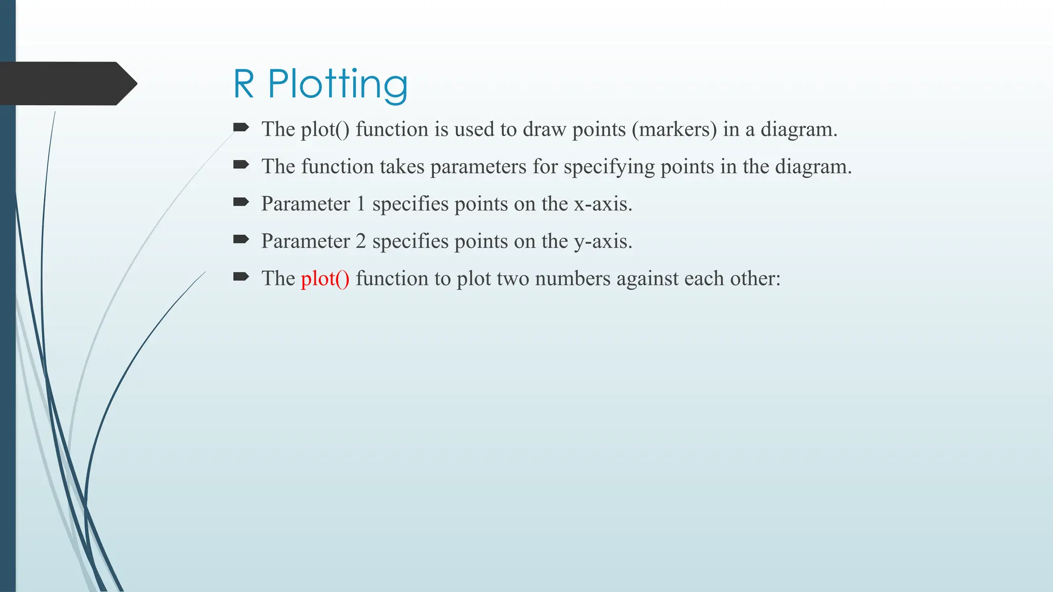 R Plotting
 The plot() function is used to draw points (markers) in a diagram.
 The function takes parameters for specifying points in the diagram.
 Parameter 1 specifies points on the x-axis.
 Parameter 2 specifies points on the y-axis.
 The plot() function to plot two numbers against each other:
 