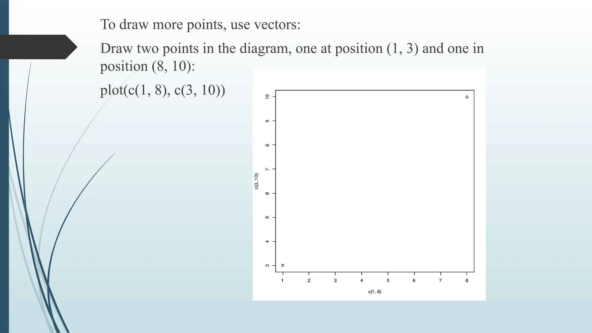 To draw more points, use vectors:
Draw two points in the diagram, one at position (1, 3) and one in
position (8, 10):
plot(c(1, 8), c(3, 10))
 