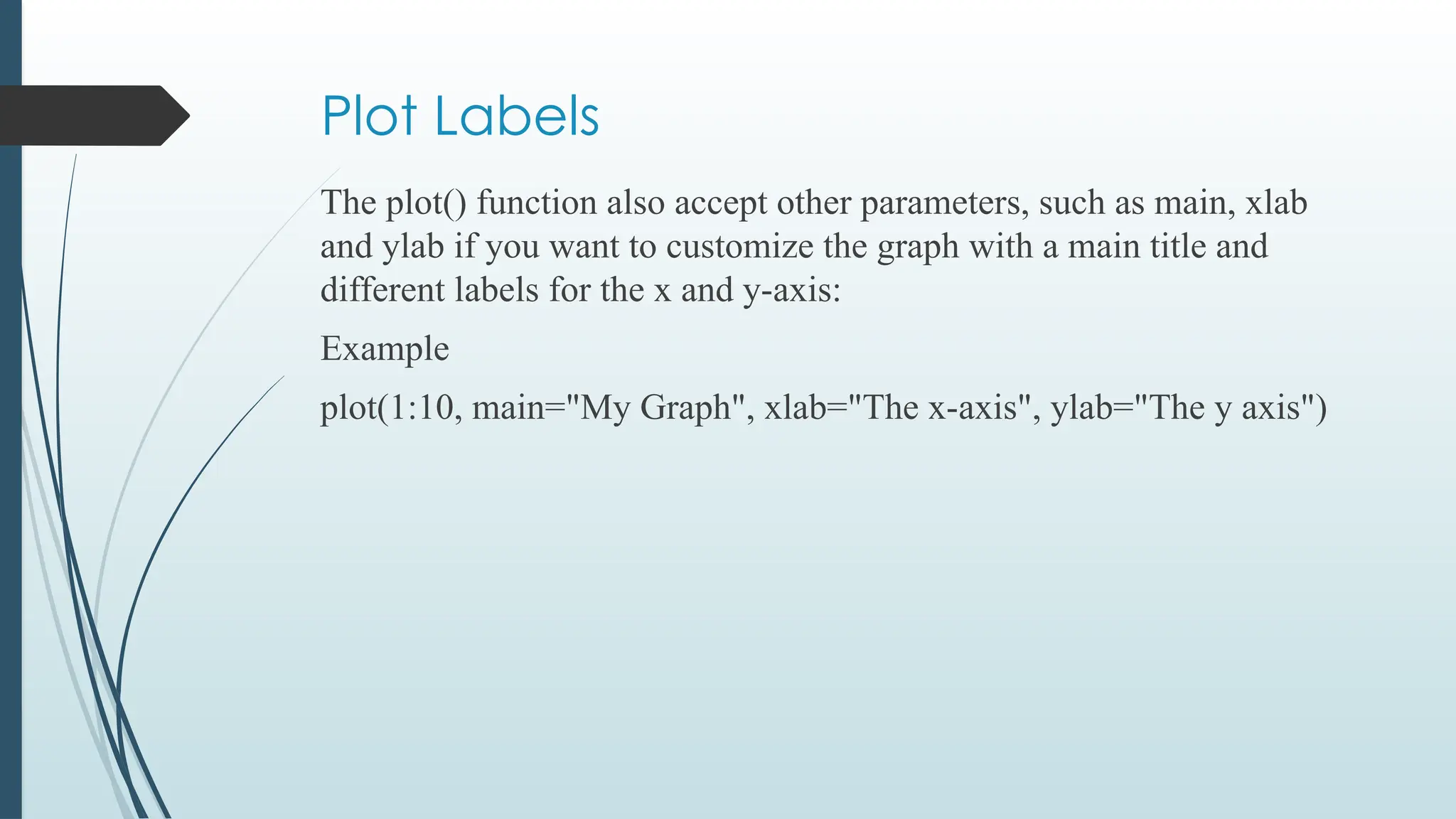 Plot Labels
The plot() function also accept other parameters, such as main, xlab
and ylab if you want to customize the graph with a main title and
different labels for the x and y-axis:
Example
plot(1:10, main="My Graph", xlab="The x-axis", ylab="The y axis")
 