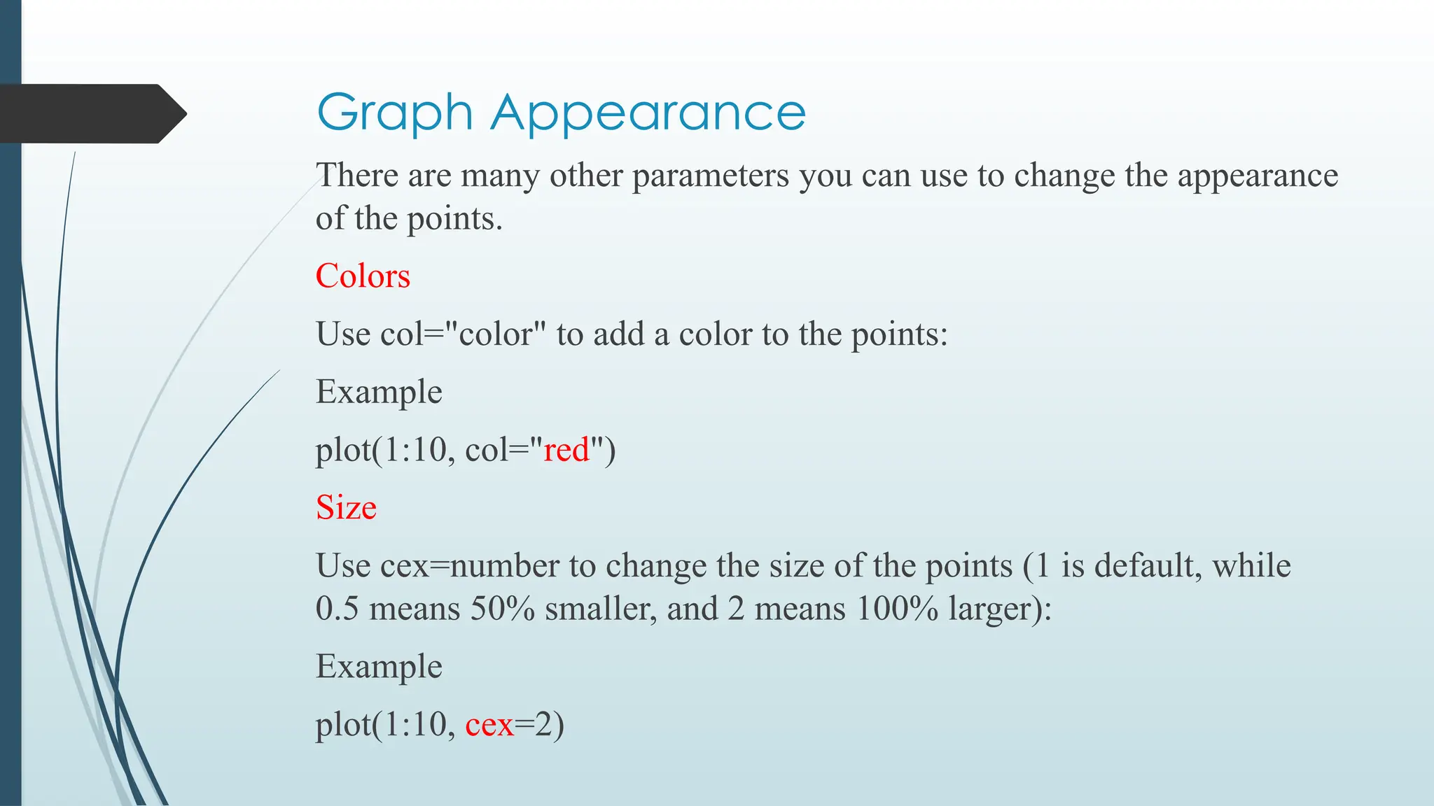 Graph Appearance
There are many other parameters you can use to change the appearance
of the points.
Colors
Use col="color" to add a color to the points:
Example
plot(1:10, col="red")
Size
Use cex=number to change the size of the points (1 is default, while
0.5 means 50% smaller, and 2 means 100% larger):
Example
plot(1:10, cex=2)
 