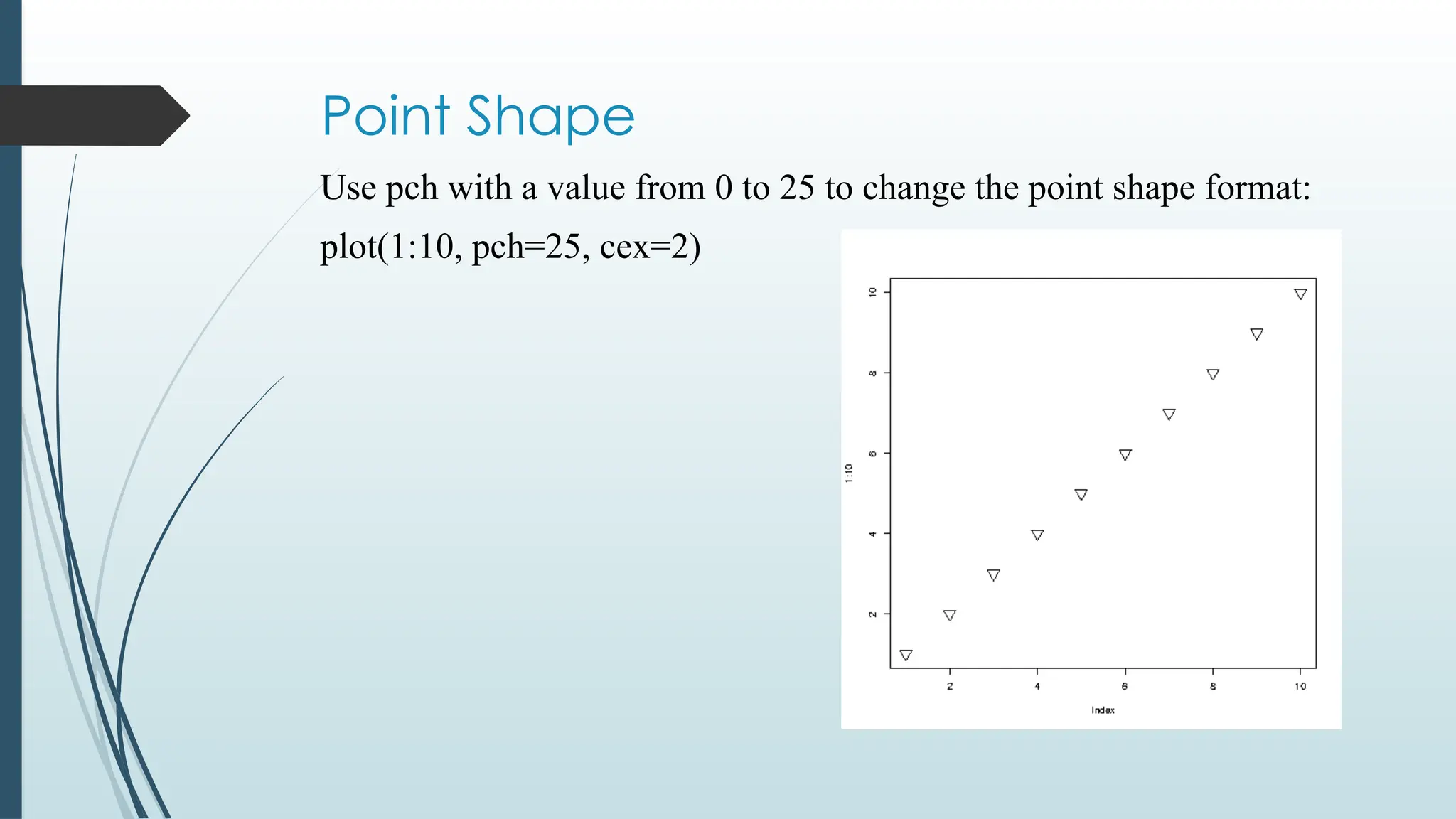 Point Shape
Use pch with a value from 0 to 25 to change the point shape format:
plot(1:10, pch=25, cex=2)
 
