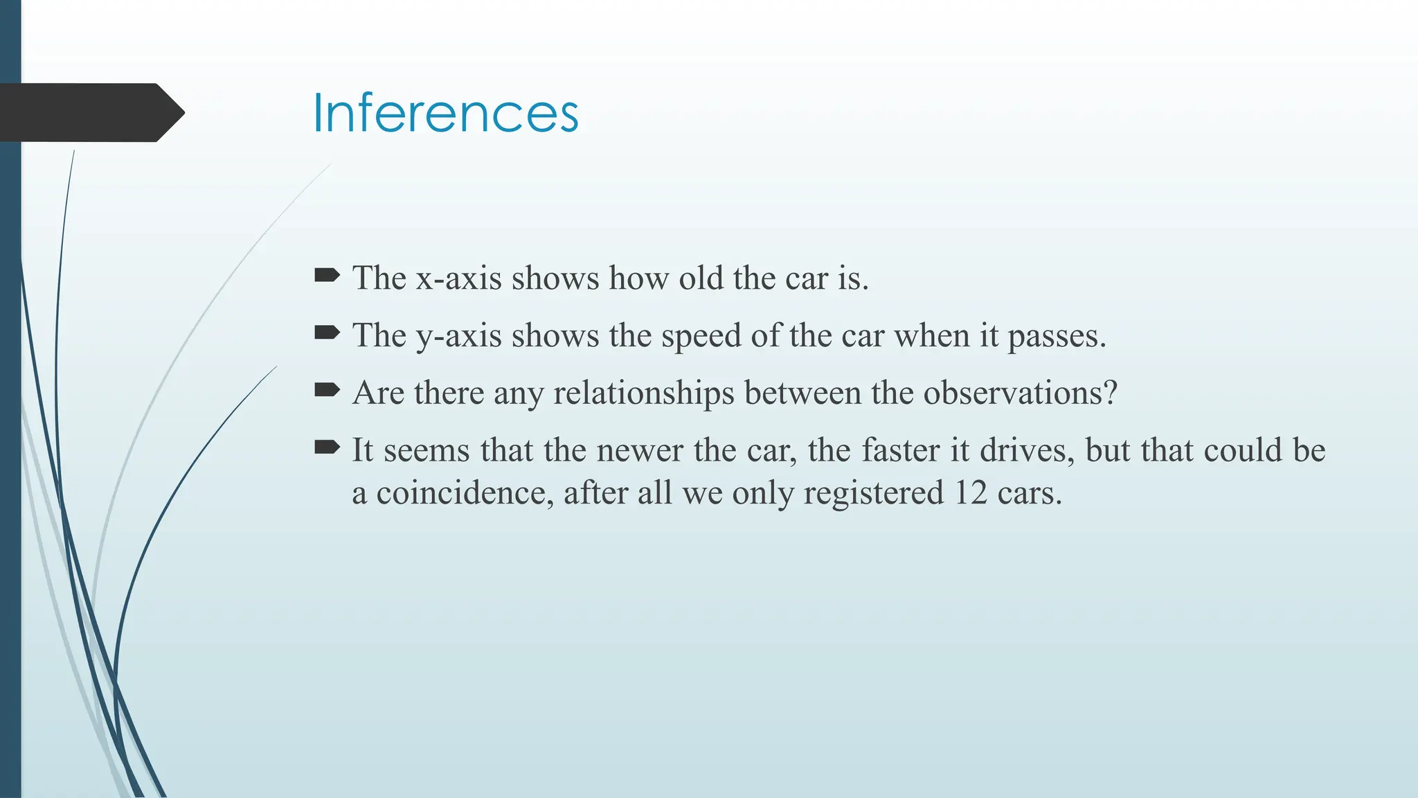 Inferences
 The x-axis shows how old the car is.
 The y-axis shows the speed of the car when it passes.
 Are there any relationships between the observations?
 It seems that the newer the car, the faster it drives, but that could be
a coincidence, after all we only registered 12 cars.
 