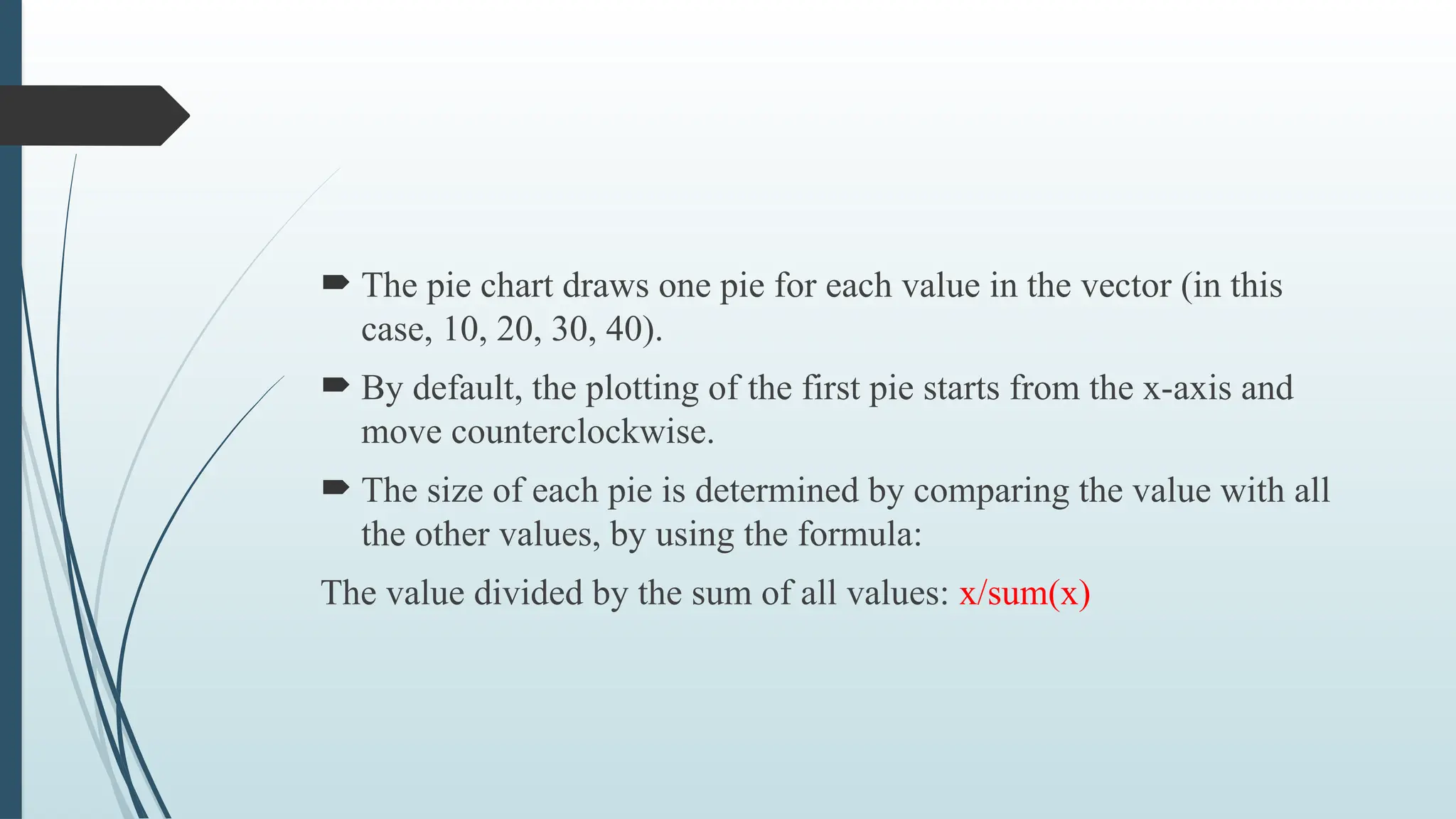  The pie chart draws one pie for each value in the vector (in this
case, 10, 20, 30, 40).
 By default, the plotting of the first pie starts from the x-axis and
move counterclockwise.
 The size of each pie is determined by comparing the value with all
the other values, by using the formula:
The value divided by the sum of all values: x/sum(x)
 