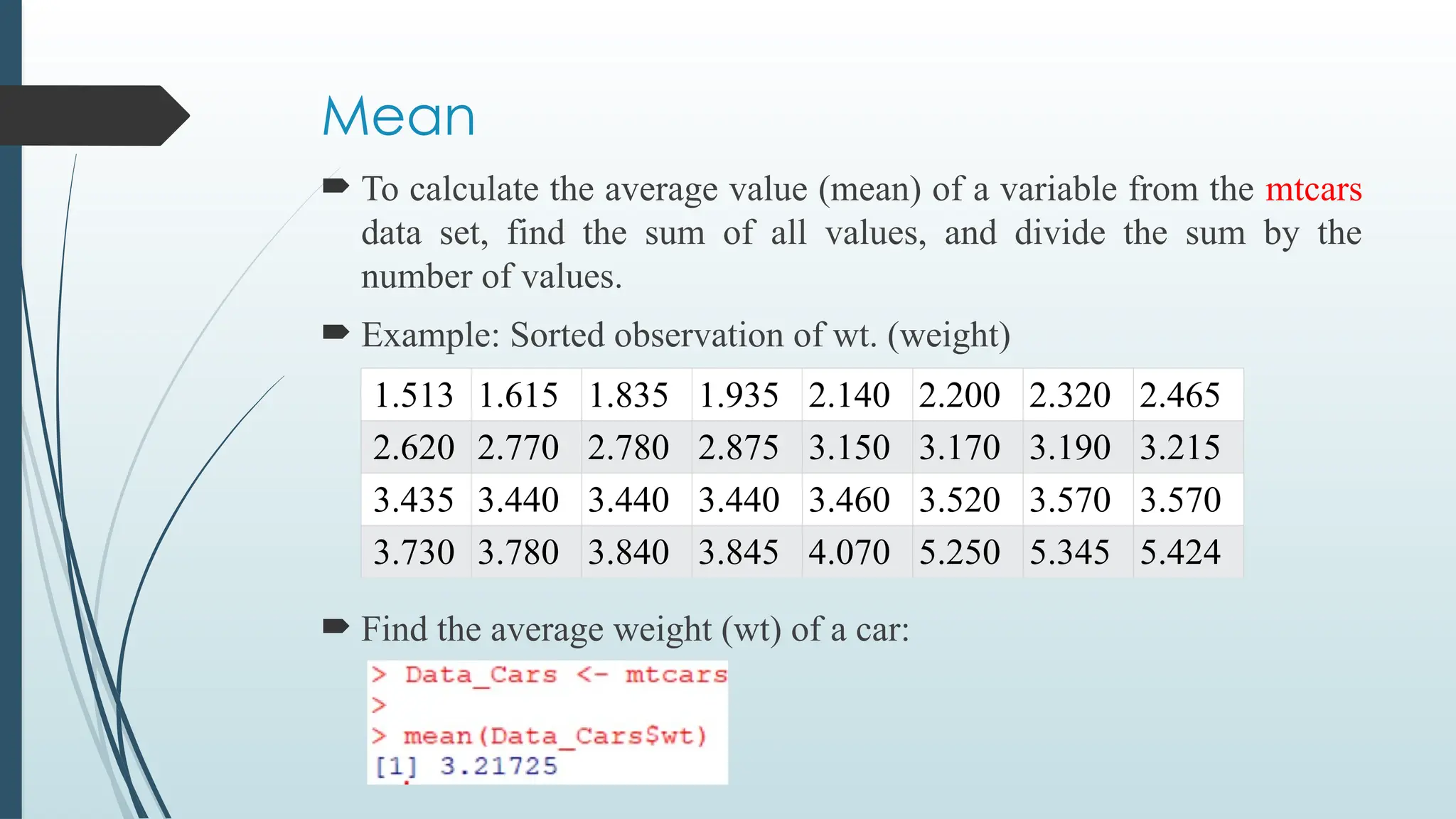 Mean
 To calculate the average value (mean) of a variable from the mtcars
data set, find the sum of all values, and divide the sum by the
number of values.
 Example: Sorted observation of wt. (weight)
 Find the average weight (wt) of a car:
1.513 1.615 1.835 1.935 2.140 2.200 2.320 2.465
2.620 2.770 2.780 2.875 3.150 3.170 3.190 3.215
3.435 3.440 3.440 3.440 3.460 3.520 3.570 3.570
3.730 3.780 3.840 3.845 4.070 5.250 5.345 5.424
 