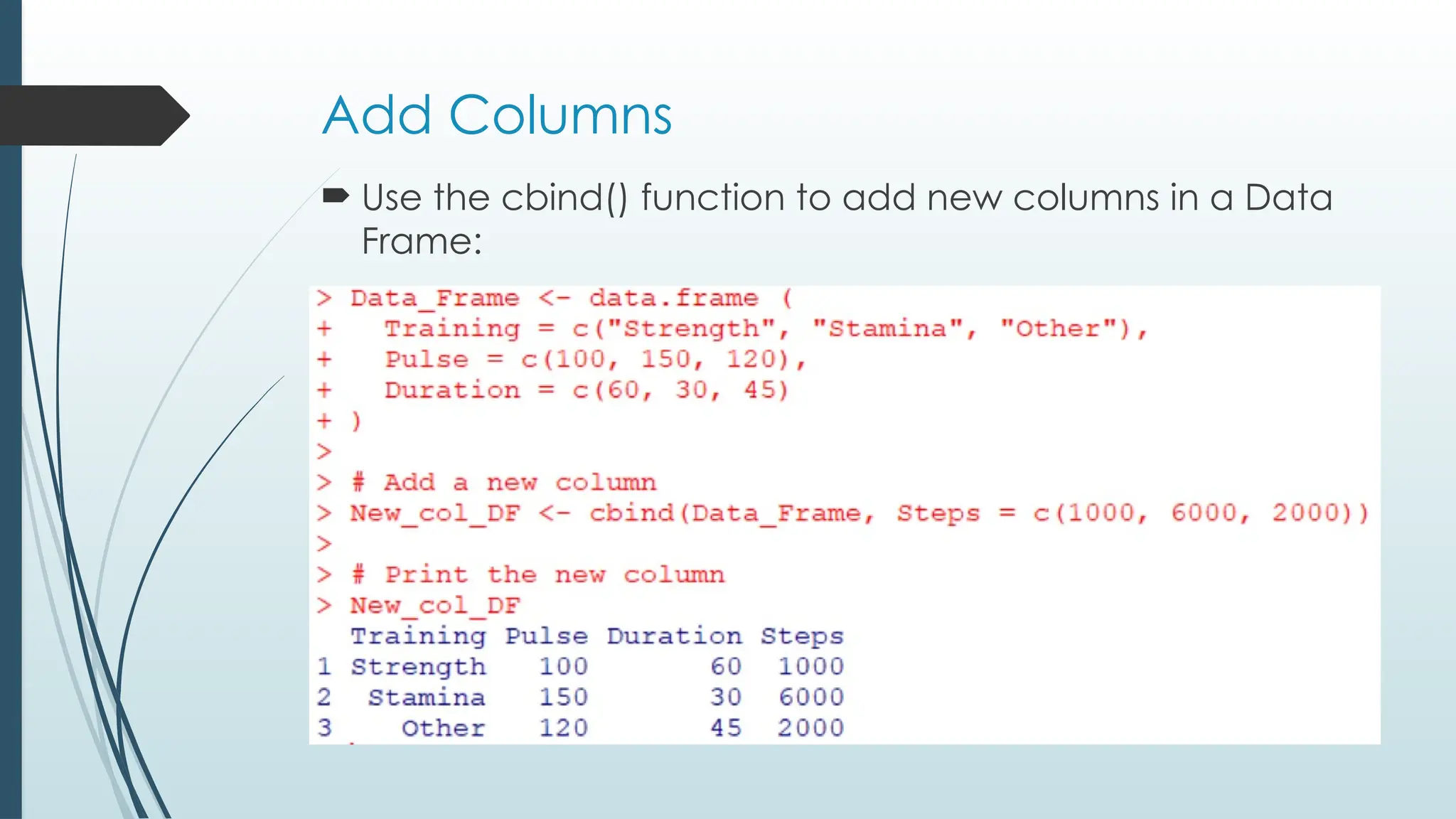 Add Columns
 Use the cbind() function to add new columns in a Data
Frame:
 