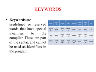 KEYWORDS
• Keywords are
predefined or reserved
words that have special
meanings to the
compiler. These are part
of the syntax and cannot
be used as identifiers in
the program
auto brea
k case char const conti
nue
defa
ult do
doub
le
else enu
m
exter
n
float for goto if
int long regist
er
retur
n short signe
d
sizeo
f static
struc
t
switc
h
type
def
unio
n
unsig
ned
void volati
le
while
 