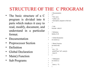 STRUCTURE OF THE C PROGRAM
• The basic structure of a C
program is divided into 6
parts which makes it easy to
read, modify, document, and
understand in a particular
format.
• Documentation
• Preprocessor Section
• Definition
• Global Declaration
• Main() Function
• Sub Programs
• // Documentation
• /**
• * file: sum.c
• * author: you
• * description: program to find sum.
• */
• // Link
• #include <stdio.h>
• // Definition
• #define X 20
• // Global Declaration
• int sum(int y);
• // Main() Function
• int main(void)
• {
• int y = 55;
• printf("Sum: %d", sum(y));
• return 0;
• }
• // Subprogram
• int sum(int y)
• {
• return y + X;
• }
 